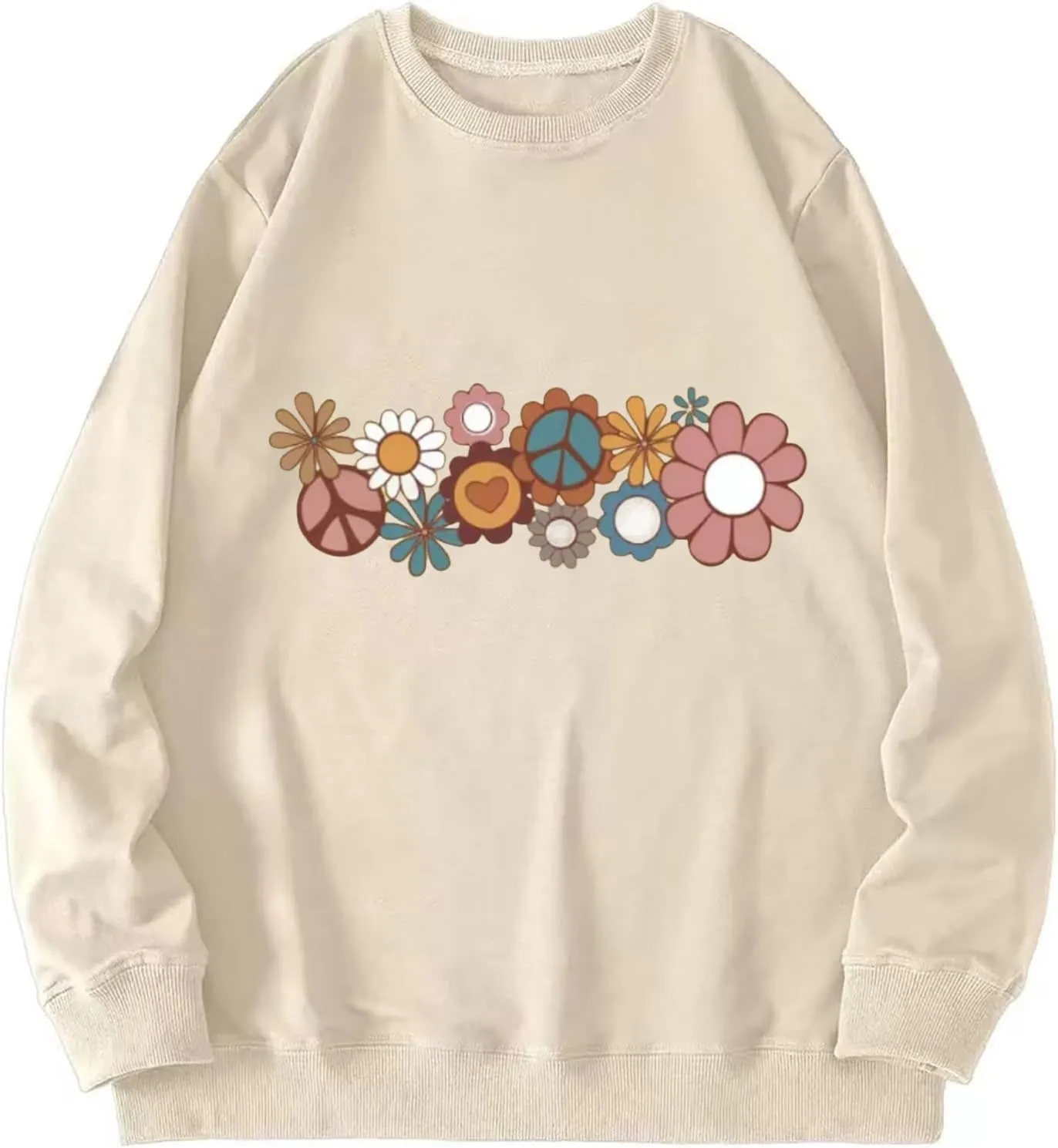 Hippie Sweatshirt for Women Cute Hippie 70s Pullover Funny Floral Rainbow Graphic Long Sleeve Shirt Fall Casual Tops
