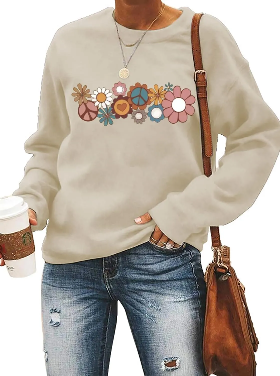 Hippie Sweatshirt for Women Cute Hippie 70s Pullover Funny Floral Rainbow Graphic Long Sleeve Shirt Fall Casual Tops