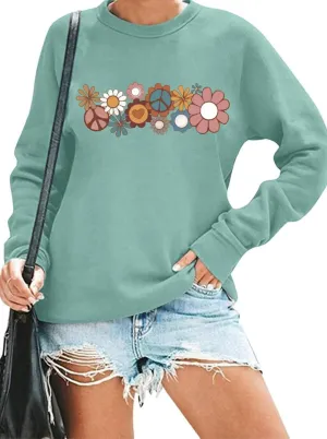 Hippie Sweatshirt for Women Cute Hippie 70s Pullover Funny Floral Rainbow Graphic Long Sleeve Shirt Fall Casual Tops