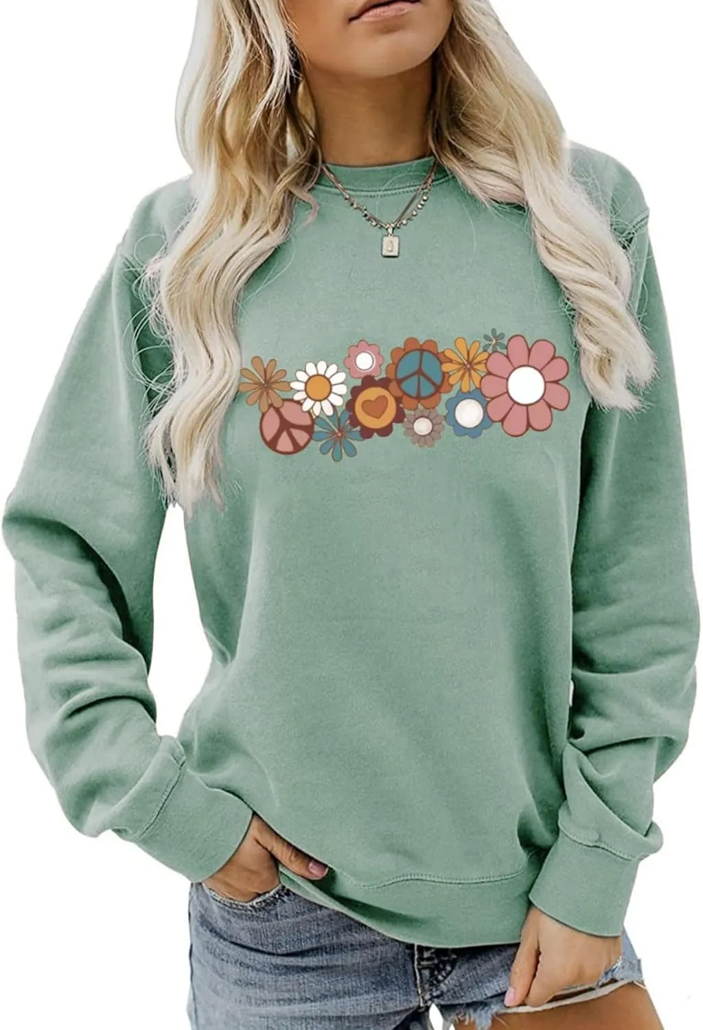 Hippie Sweatshirt for Women Cute Hippie 70s Pullover Funny Floral Rainbow Graphic Long Sleeve Shirt Fall Casual Tops