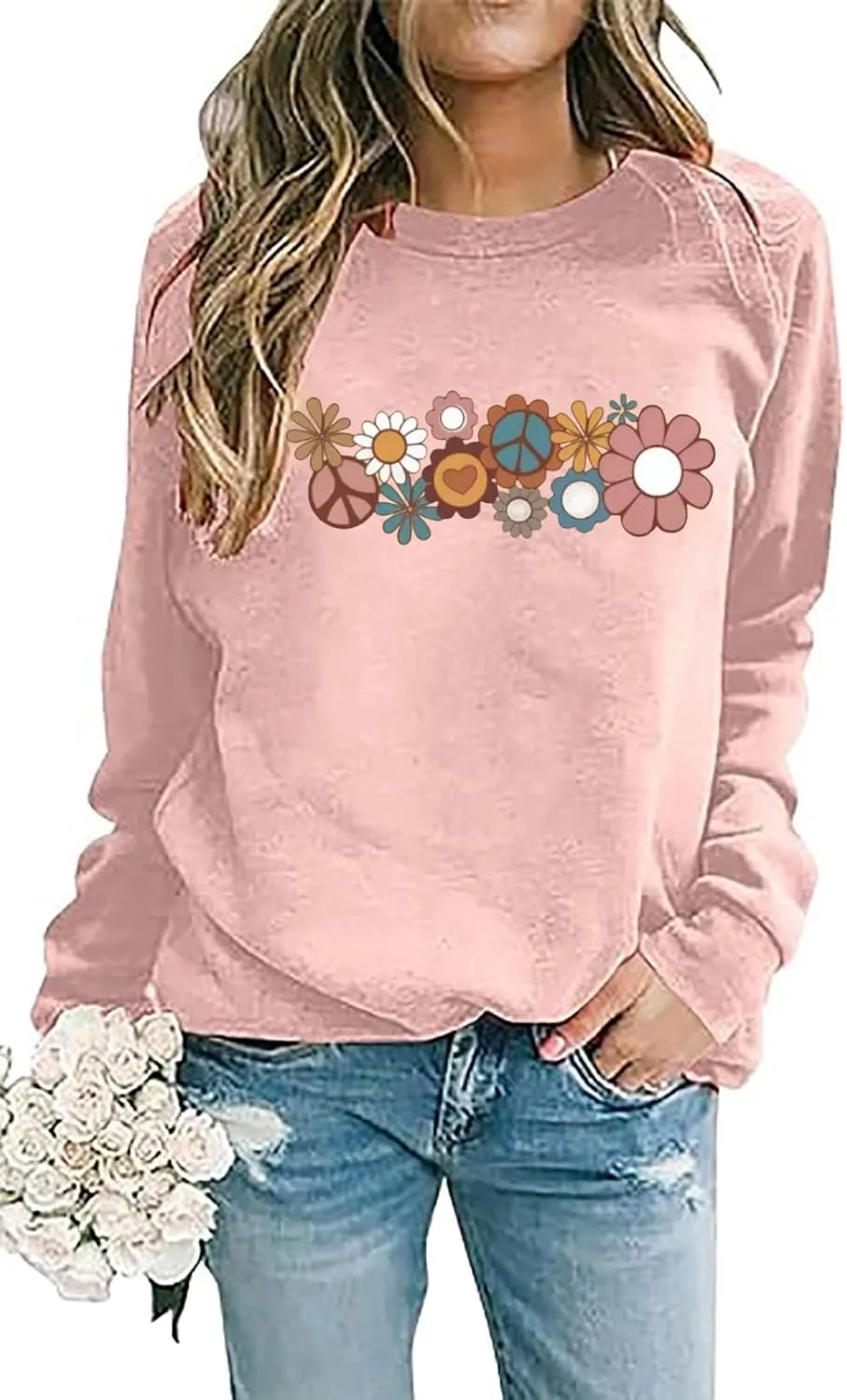 Hippie Sweatshirt for Women Cute Hippie 70s Pullover Funny Floral Rainbow Graphic Long Sleeve Shirt Fall Casual Tops