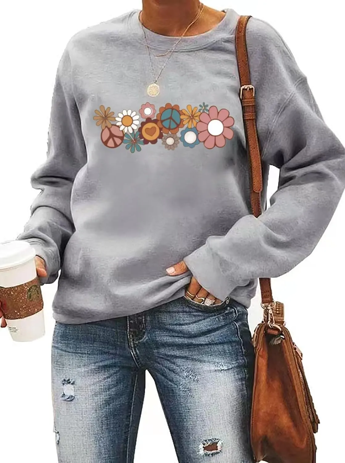 Hippie Sweatshirt for Women Cute Hippie 70s Pullover Funny Floral Rainbow Graphic Long Sleeve Shirt Fall Casual Tops