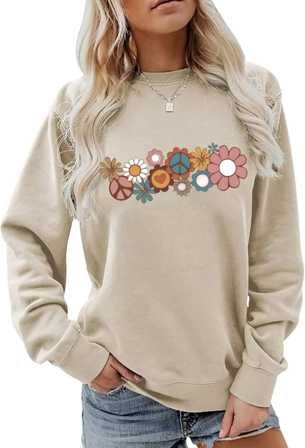 Hippie Sweatshirt for Women Cute Hippie 70s Pullover Funny Floral Rainbow Graphic Long Sleeve Shirt Fall Casual Tops