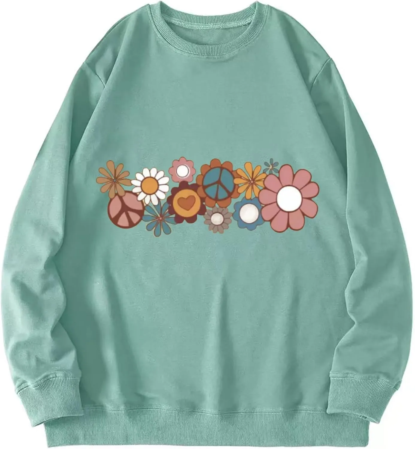 Hippie Sweatshirt for Women Cute Hippie 70s Pullover Funny Floral Rainbow Graphic Long Sleeve Shirt Fall Casual Tops