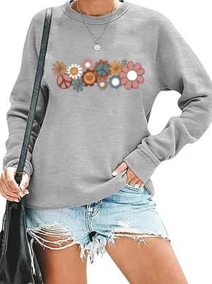 Hippie Sweatshirt for Women Cute Hippie 70s Pullover Funny Floral Rainbow Graphic Long Sleeve Shirt Fall Casual Tops