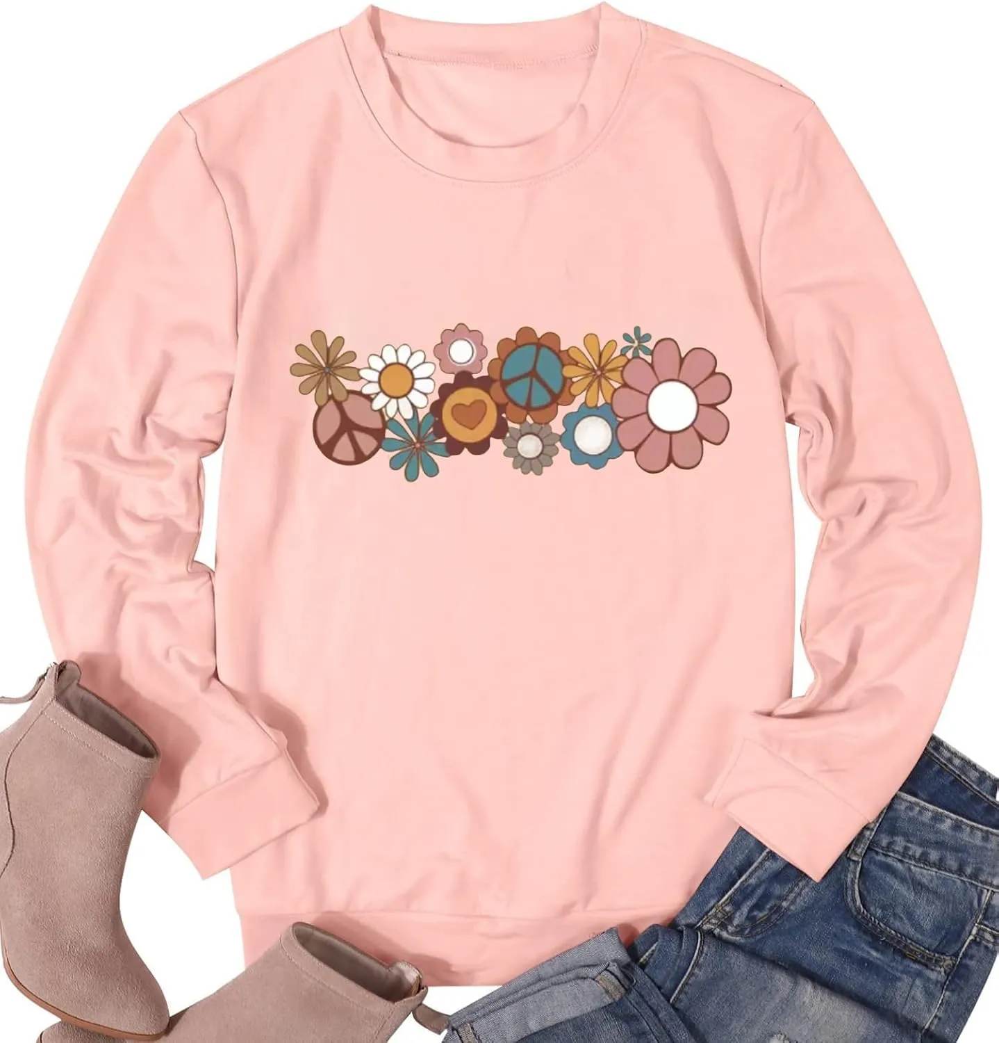 Hippie Sweatshirt for Women Cute Hippie 70s Pullover Funny Floral Rainbow Graphic Long Sleeve Shirt Fall Casual Tops