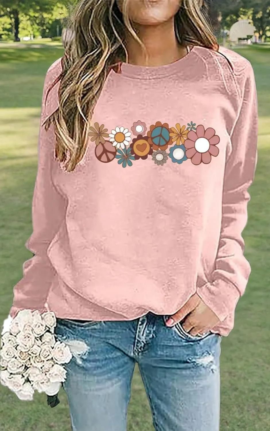 Hippie Sweatshirt for Women Cute Hippie 70s Pullover Funny Floral Rainbow Graphic Long Sleeve Shirt Fall Casual Tops