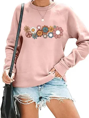 Hippie Sweatshirt for Women Cute Hippie 70s Pullover Funny Floral Rainbow Graphic Long Sleeve Shirt Fall Casual Tops