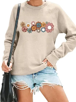 Hippie Sweatshirt for Women Cute Hippie 70s Pullover Funny Floral Rainbow Graphic Long Sleeve Shirt Fall Casual Tops