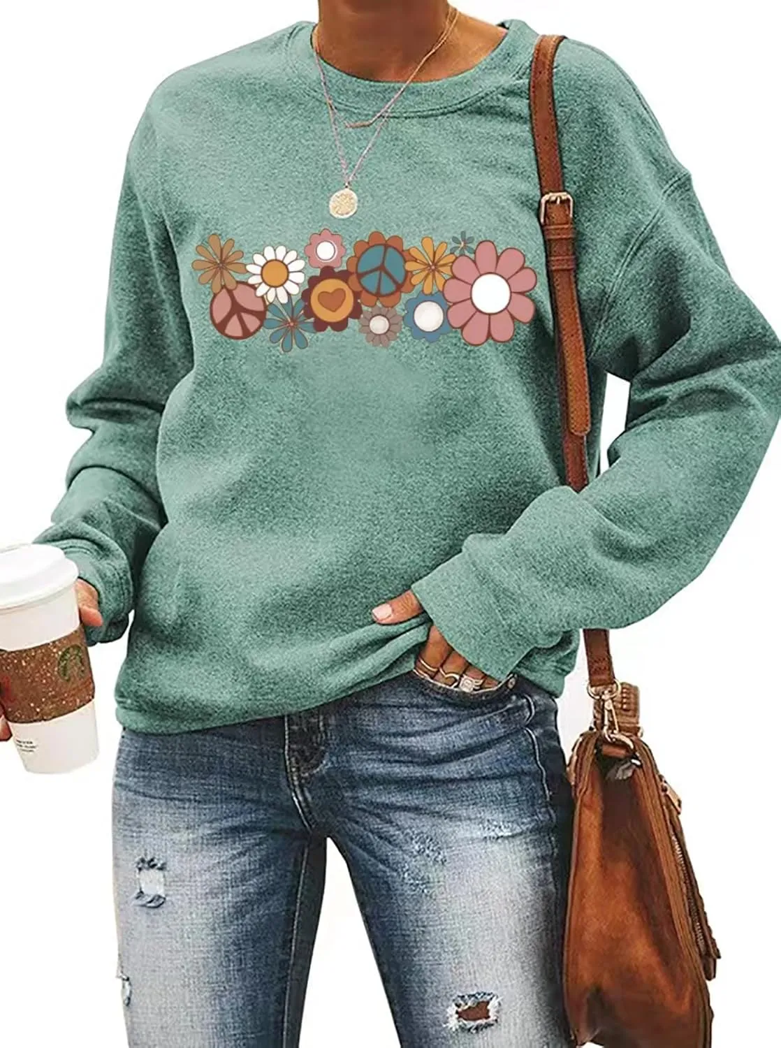Hippie Sweatshirt for Women Cute Hippie 70s Pullover Funny Floral Rainbow Graphic Long Sleeve Shirt Fall Casual Tops