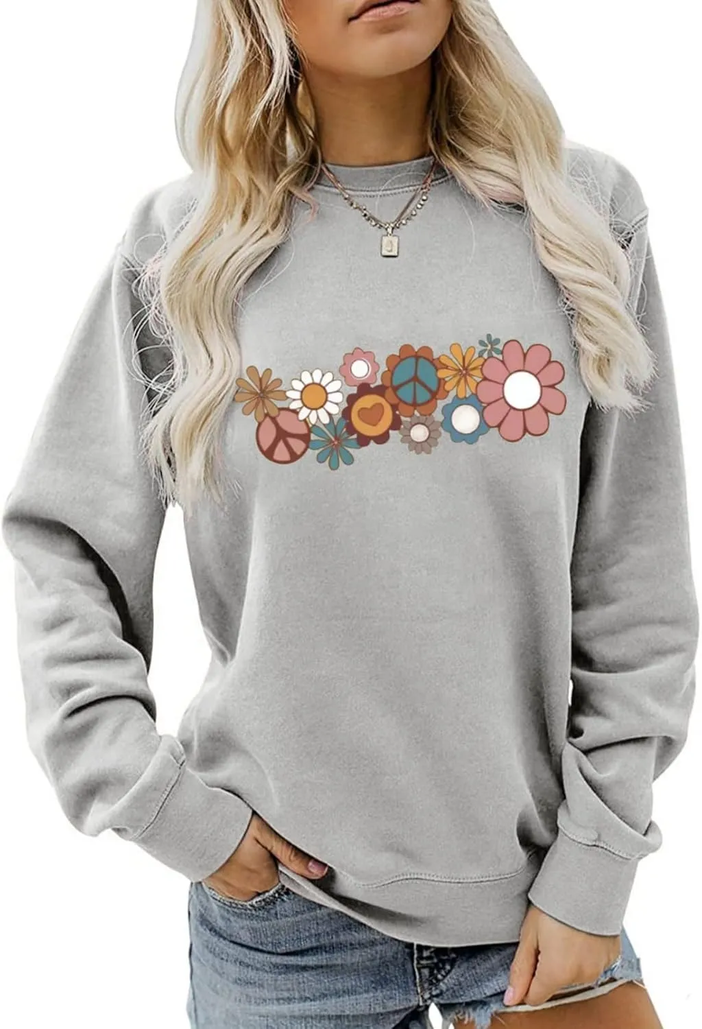 Hippie Sweatshirt for Women Cute Hippie 70s Pullover Funny Floral Rainbow Graphic Long Sleeve Shirt Fall Casual Tops