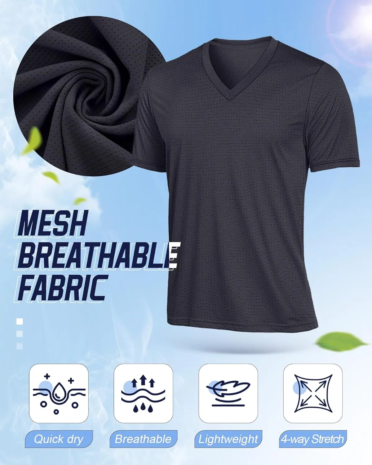 Huukeay 3 Pack Men's Big and Tall Quick Dry Shirts, Short Sleeve Dry Fit Tops V Neck Mesh Moisture Wicking Athletic Tees