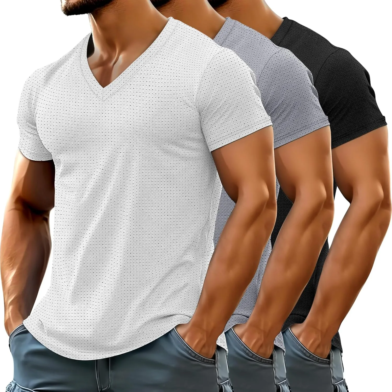 Huukeay 3 Pack Men's Big and Tall Quick Dry Shirts, Short Sleeve Dry Fit Tops V Neck Mesh Moisture Wicking Athletic Tees