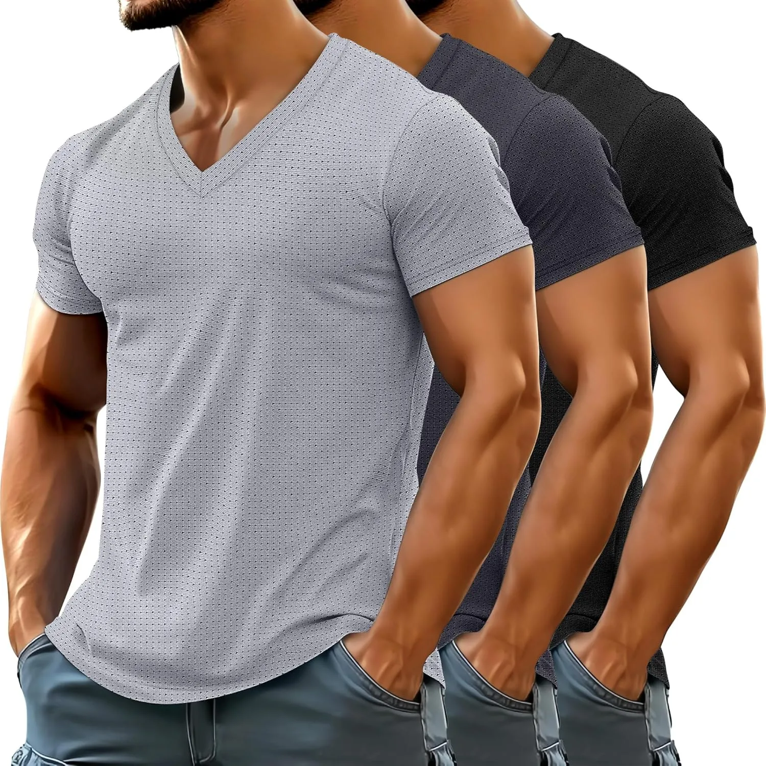 Huukeay 3 Pack Men's Big and Tall Quick Dry Shirts, Short Sleeve Dry Fit Tops V Neck Mesh Moisture Wicking Athletic Tees