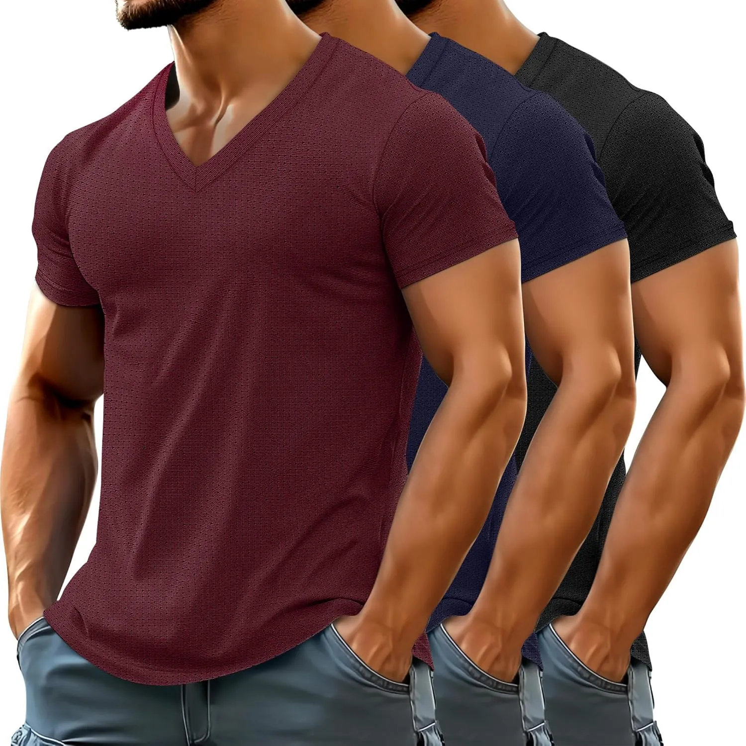 Huukeay 3 Pack Men's Big and Tall Quick Dry Shirts, Short Sleeve Dry Fit Tops V Neck Mesh Moisture Wicking Athletic Tees