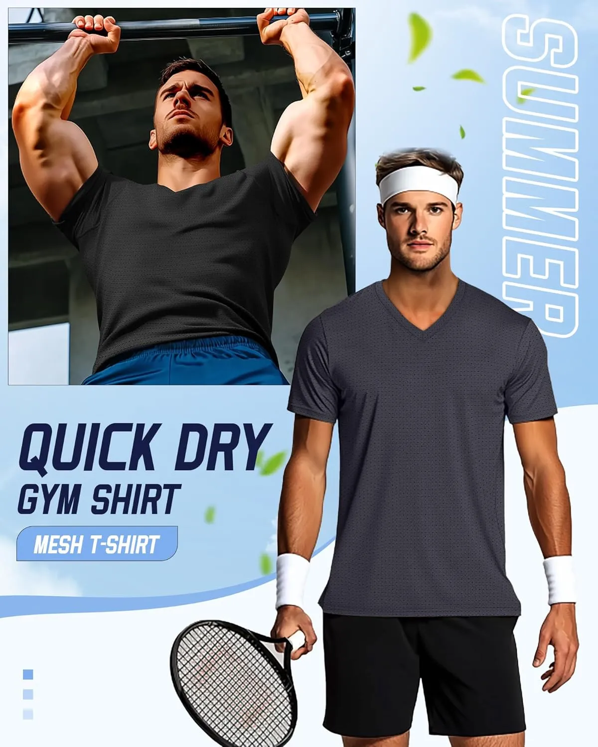 Huukeay 3 Pack Men's Big and Tall Quick Dry Shirts, Short Sleeve Dry Fit Tops V Neck Mesh Moisture Wicking Athletic Tees