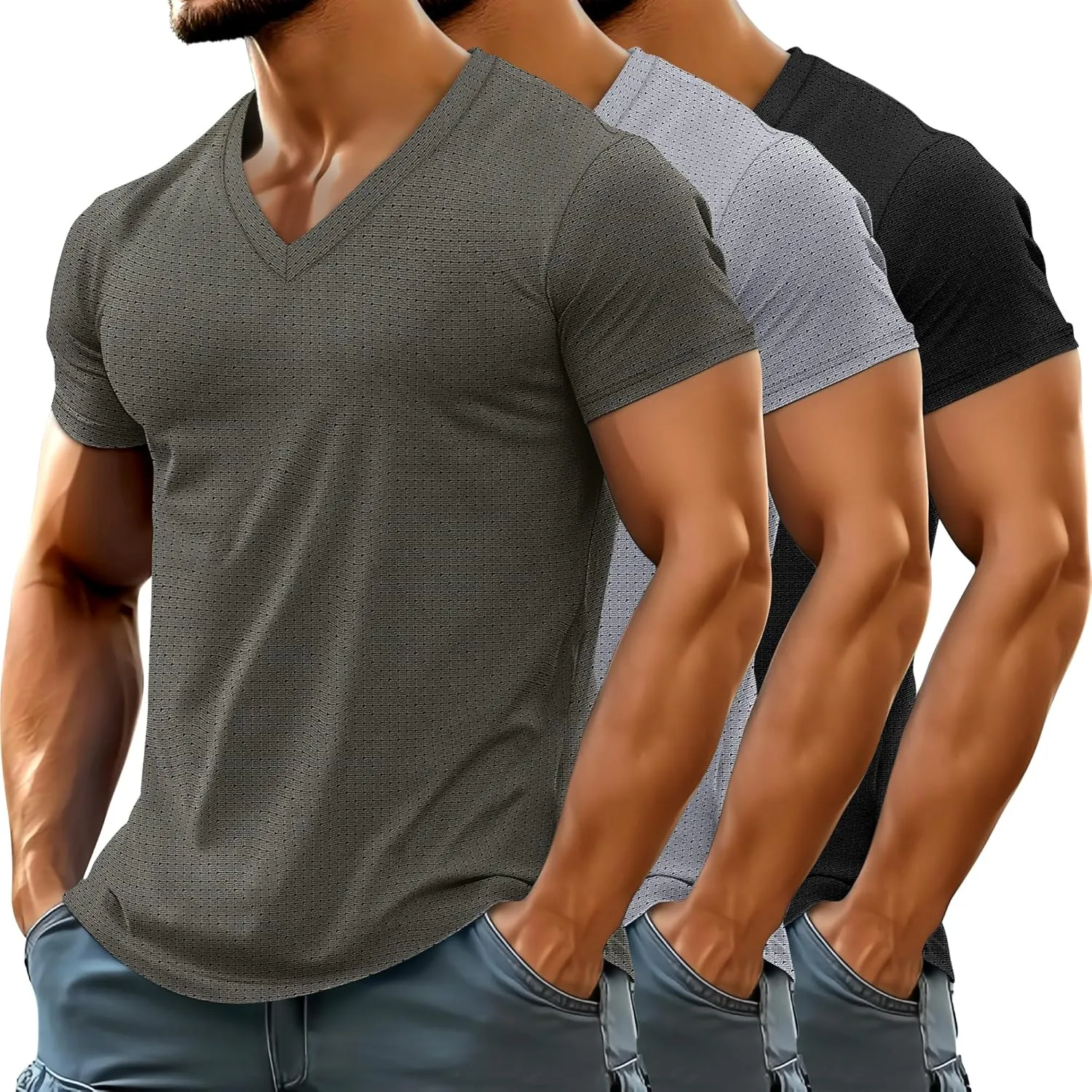 Huukeay 3 Pack Men's Big and Tall Quick Dry Shirts, Short Sleeve Dry Fit Tops V Neck Mesh Moisture Wicking Athletic Tees