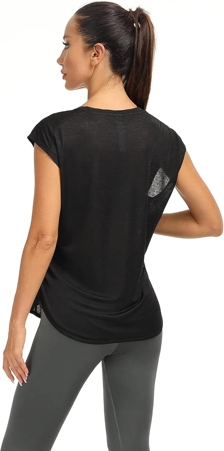icyzone Workout T-Shirt for Women - Fitness Gym Yoga Running Exercise Cap Sleeves Tops