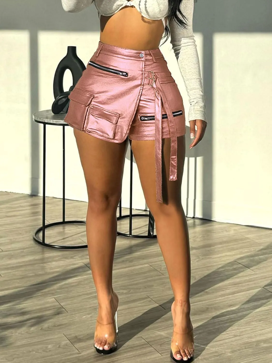 KANSOON Women Leather Shorts Metallic High Waisted Cargo Skort Sexy Rave Asymmetrical Skirt Skorts