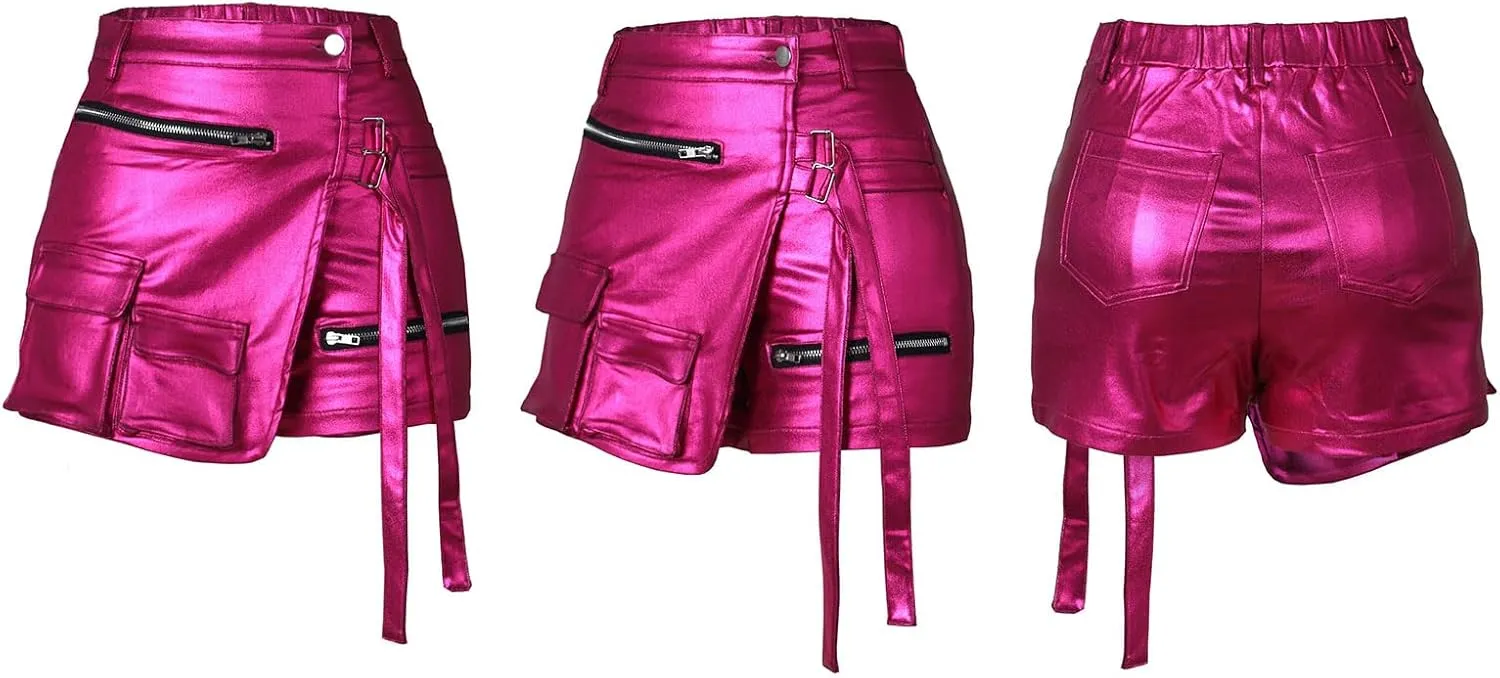 KANSOON Women Leather Shorts Metallic High Waisted Cargo Skort Sexy Rave Asymmetrical Skirt Skorts