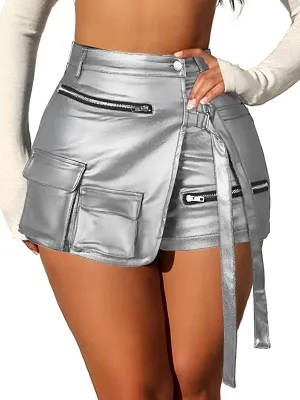 KANSOON Women Leather Shorts Metallic High Waisted Cargo Skort Sexy Rave Asymmetrical Skirt Skorts