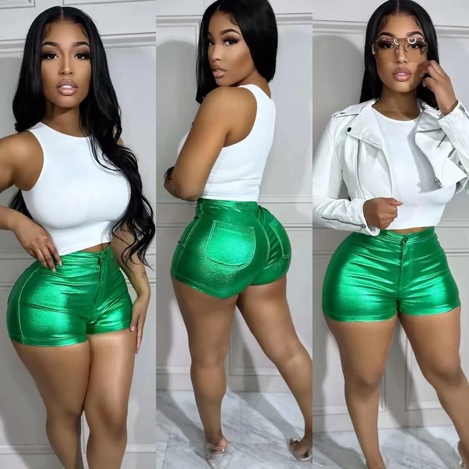 KANSOON Women's Metallic Faux Leather Shorts High Waist Shiny Sexy Rave Short Hot Pants