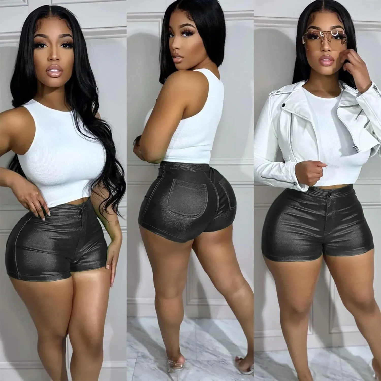 KANSOON Women's Metallic Faux Leather Shorts High Waist Shiny Sexy Rave Short Hot Pants