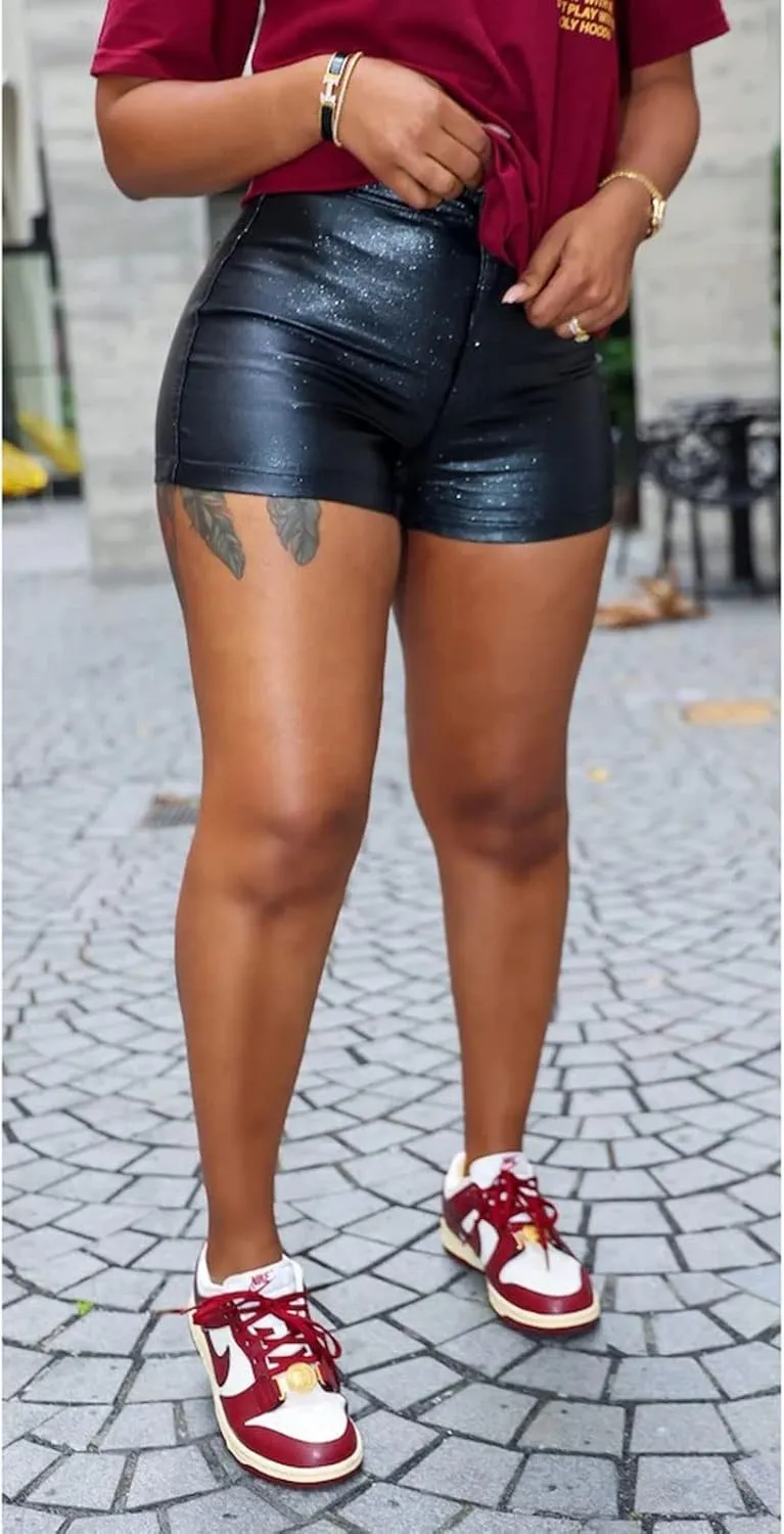 KANSOON Women's Metallic Faux Leather Shorts High Waist Shiny Sexy Rave Short Hot Pants