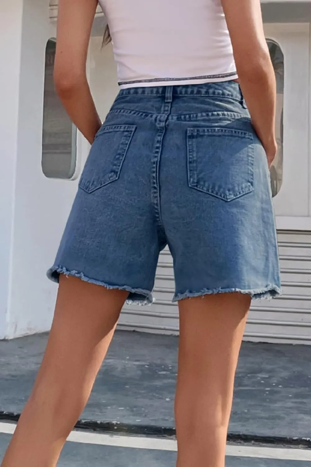 KINGFEN Women's High Waist Denim Shorts Raw Hem Jean Shorts Casual Summer Straight Wide Leg Pants for Women with Pockets