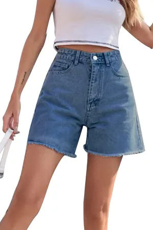 KINGFEN Women's High Waist Denim Shorts Raw Hem Jean Shorts Casual Summer Straight Wide Leg Pants for Women with Pockets