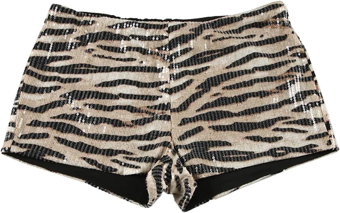 KIRJAUDU Women's Leopard Print Sequin Shorts Low Rise Sexy Rave Club Party Hot Pants