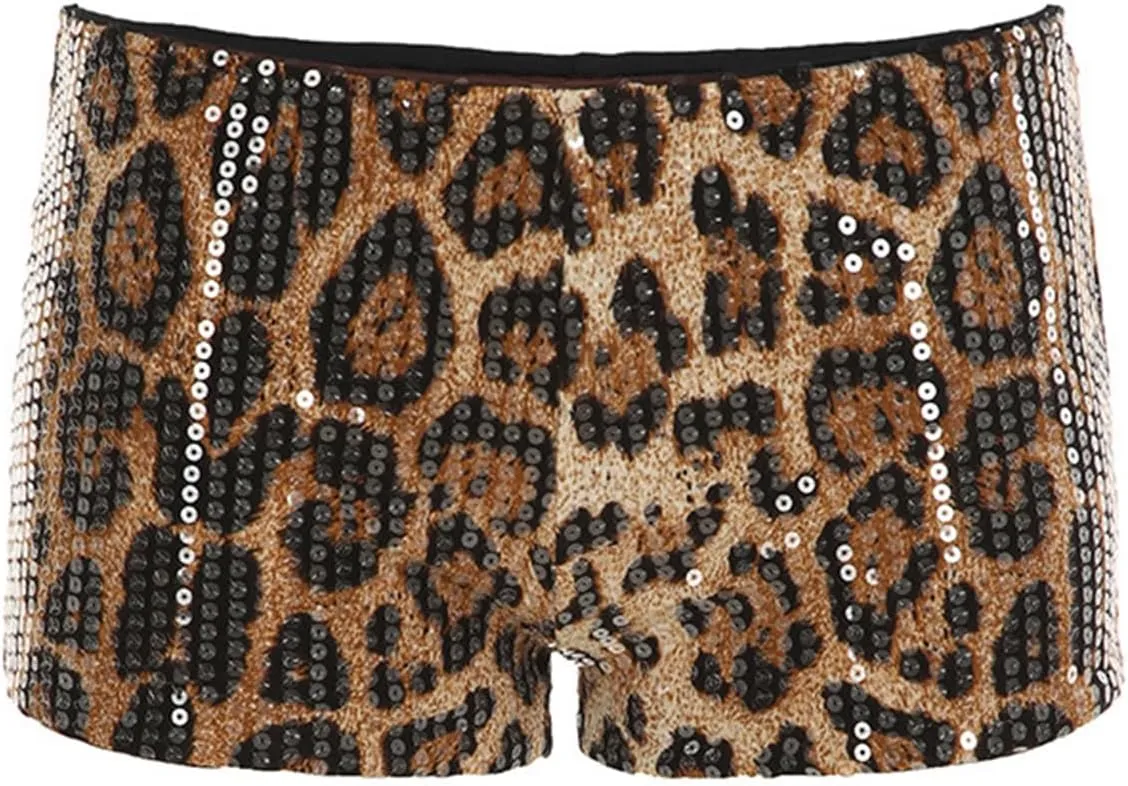 KIRJAUDU Women's Leopard Print Sequin Shorts Low Rise Sexy Rave Club Party Hot Pants