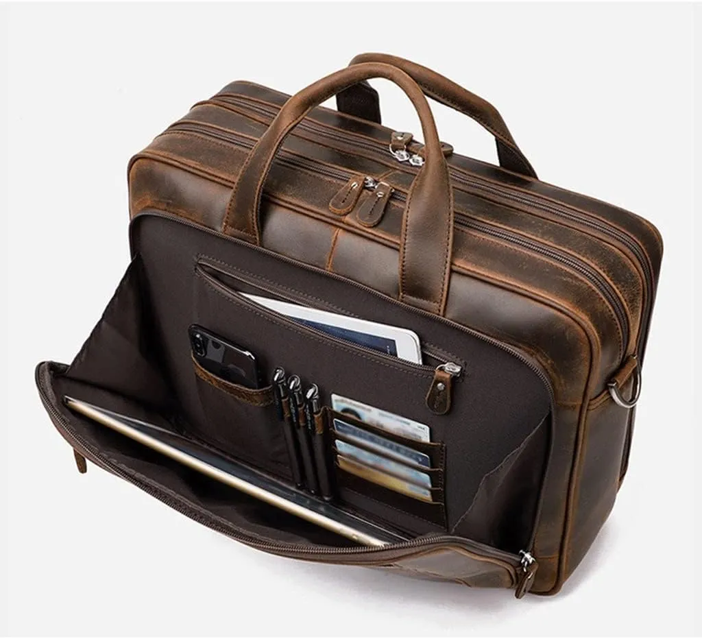 Leather Briefcase for Man Crazy Horse Leather 17 inch Laptop Business Handbag Cowhide Male Tote Big Shouler Bags(D)
