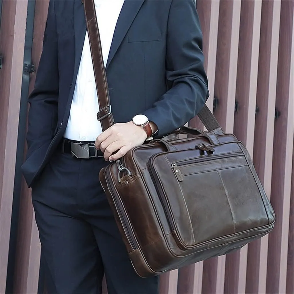 Leather Briefcase for Man Crazy Horse Leather 17 inch Laptop Business Handbag Cowhide Male Tote Big Shouler Bags(D)