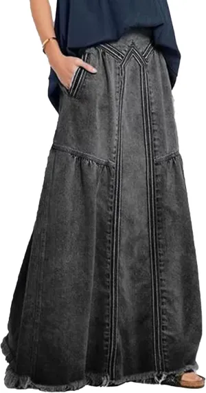LETSVDO Women's Casual Maxi Denim Skirt Cargo High Waist A Line Asymmetrical Flowy Hippie Flare Long Jean Skirts