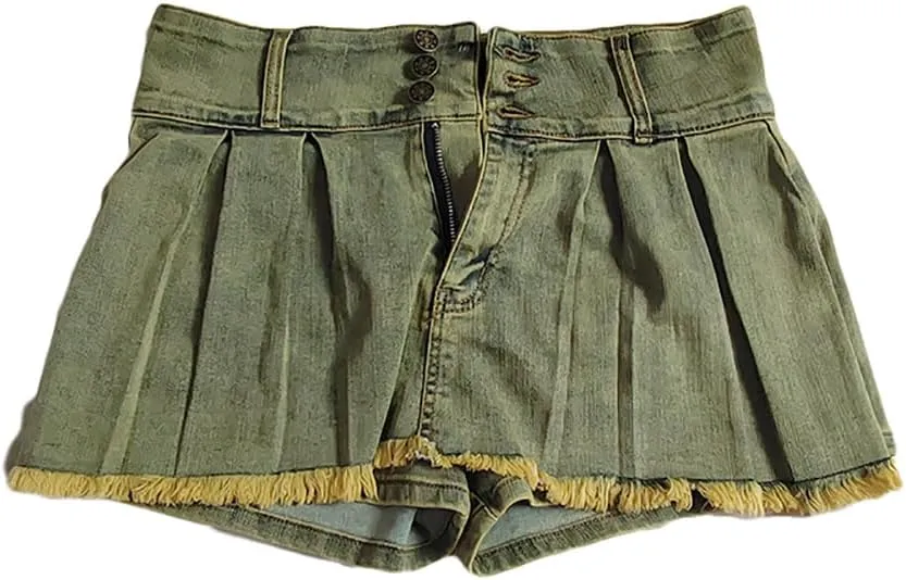 LETSVDO Women's Denim Shorts Cargo Y2k High Waisted Asymmetrical Pockets Jean Wrap Stretchy Skorts Streetwear Summer
