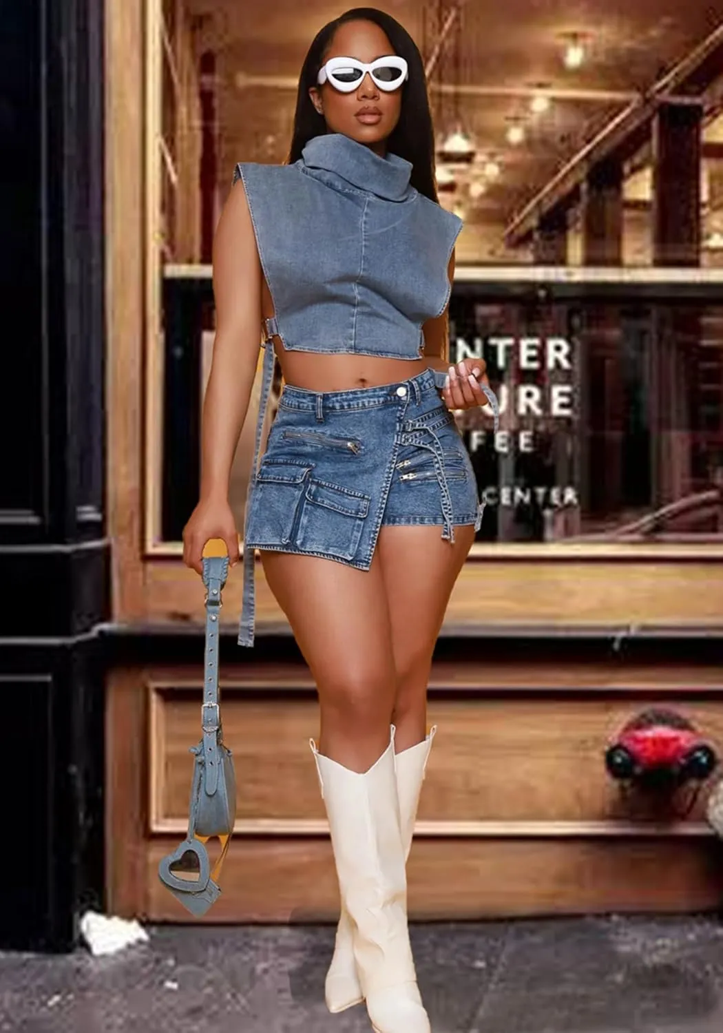 LETSVDO Women's Denim Shorts Cargo Y2k High Waisted Asymmetrical Pockets Jean Wrap Stretchy Skorts Streetwear Summer