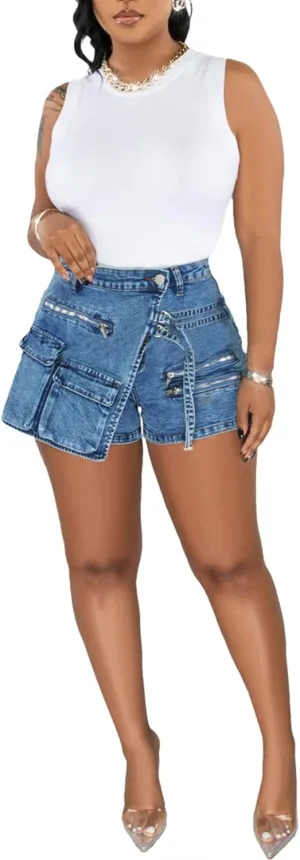 LETSVDO Women's Denim Shorts Cargo Y2k High Waisted Asymmetrical Pockets Jean Wrap Stretchy Skorts Streetwear Summer