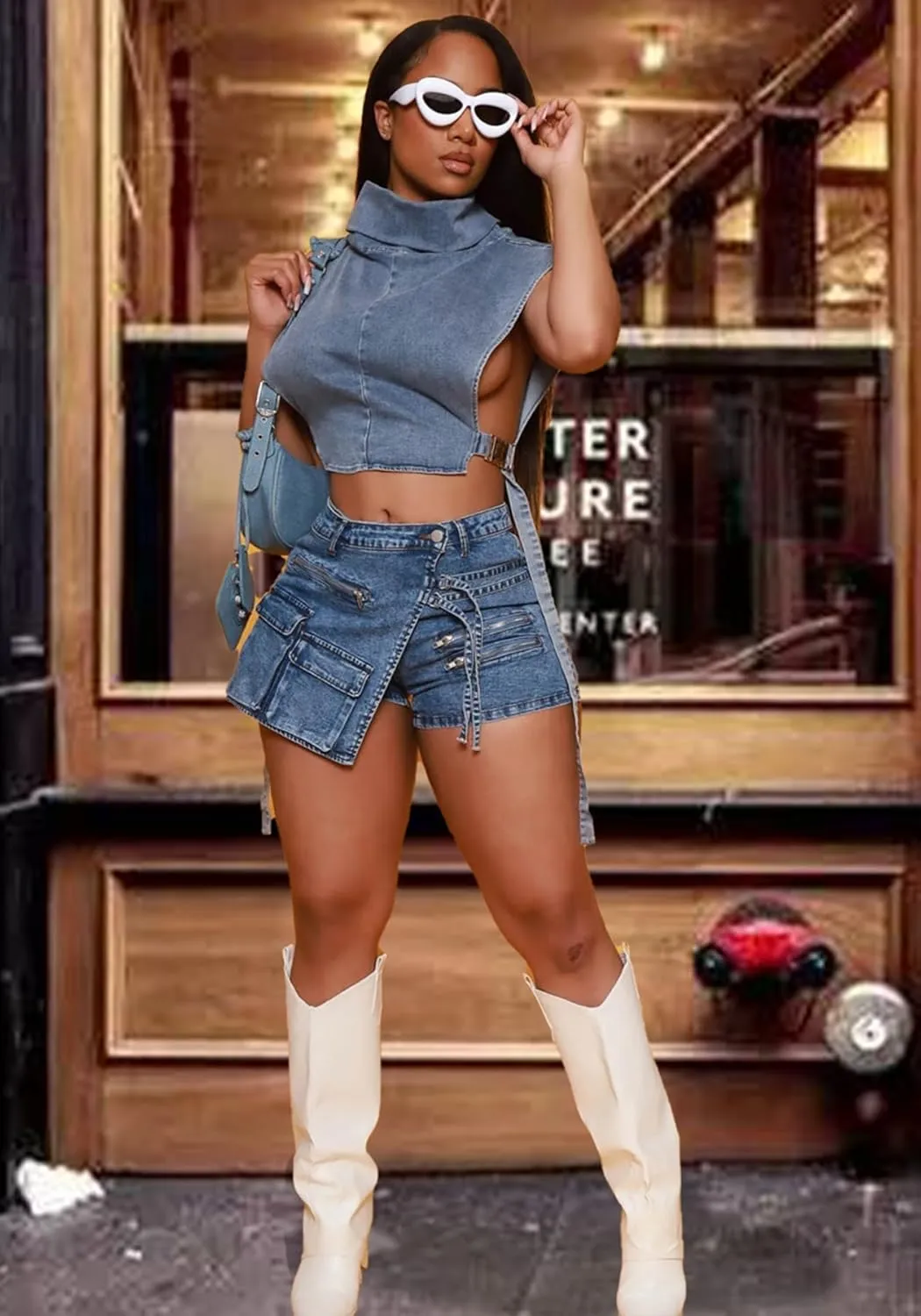 LETSVDO Women's Denim Shorts Cargo Y2k High Waisted Asymmetrical Pockets Jean Wrap Stretchy Skorts Streetwear Summer