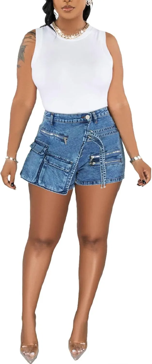 LETSVDO Women's Denim Shorts Cargo Y2k High Waisted Asymmetrical Pockets Jean Wrap Stretchy Skorts Streetwear Summer