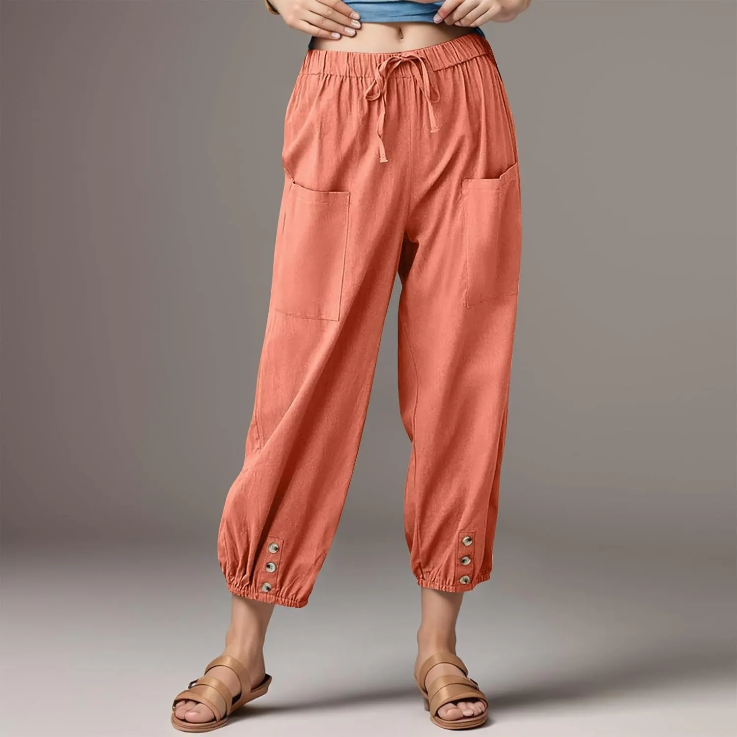 Linen Pants for Women Drawstring Country Concert Trousers with Pockets Tea Party BrunchTheme Park Croped Outfits