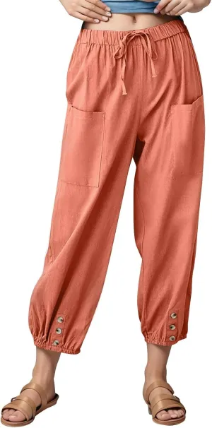 Linen Pants for Women Drawstring Country Concert Trousers with Pockets Tea Party BrunchTheme Park Croped Outfits