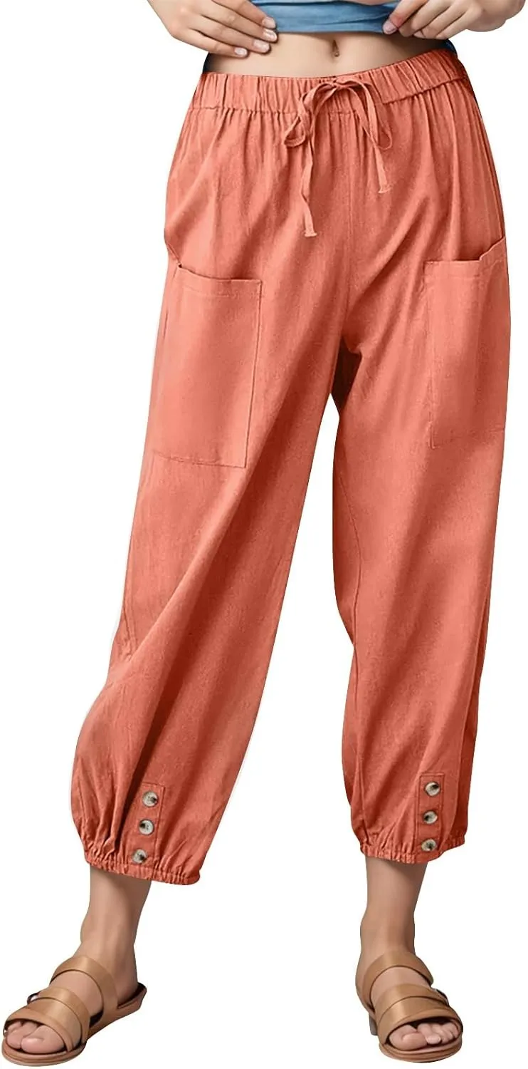 Linen Pants for Women Drawstring Country Concert Trousers with Pockets Tea Party BrunchTheme Park Croped Outfits