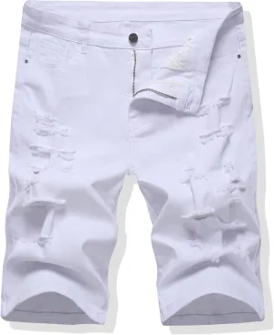 LONGBIDA Men's Ripped Shorts Jeans Loose Fit Classic Stretch Destroyed Casual Denim Short