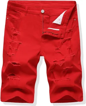 LONGBIDA Men's Ripped Shorts Jeans Loose Fit Classic Stretch Destroyed Casual Denim Short