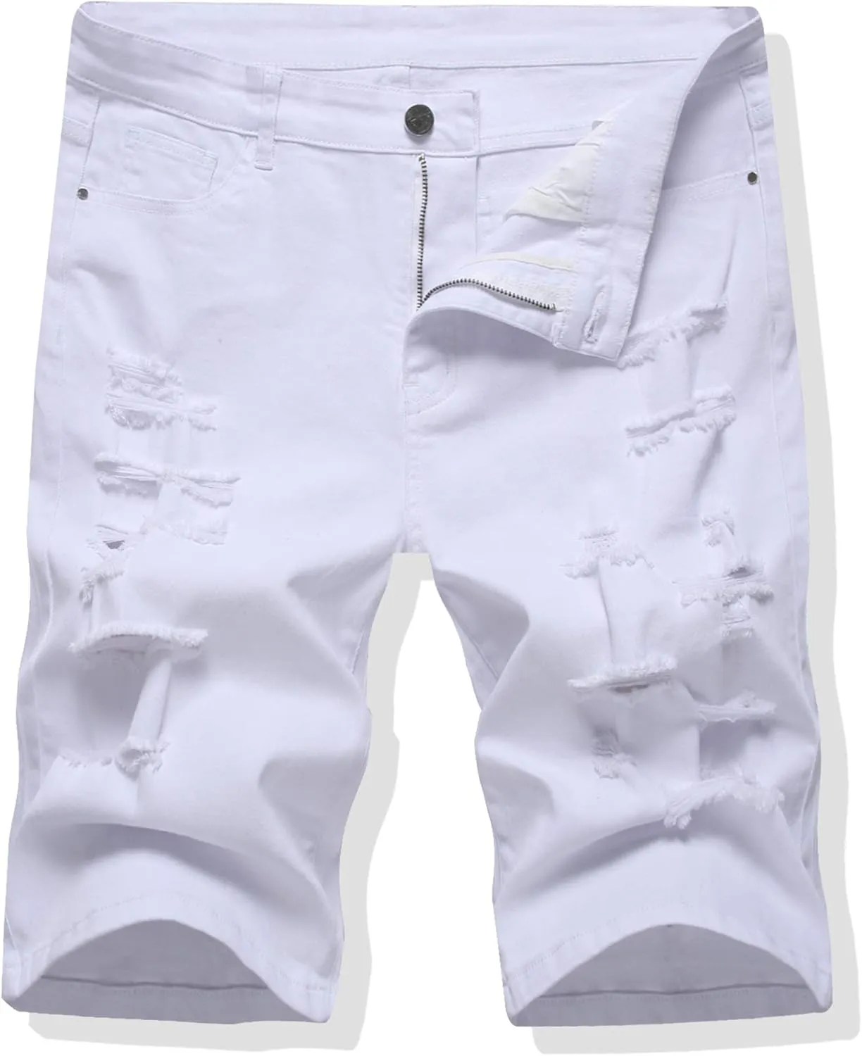 LONGBIDA Men's Ripped Shorts Jeans Loose Fit Classic Stretch Destroyed Casual Denim Short