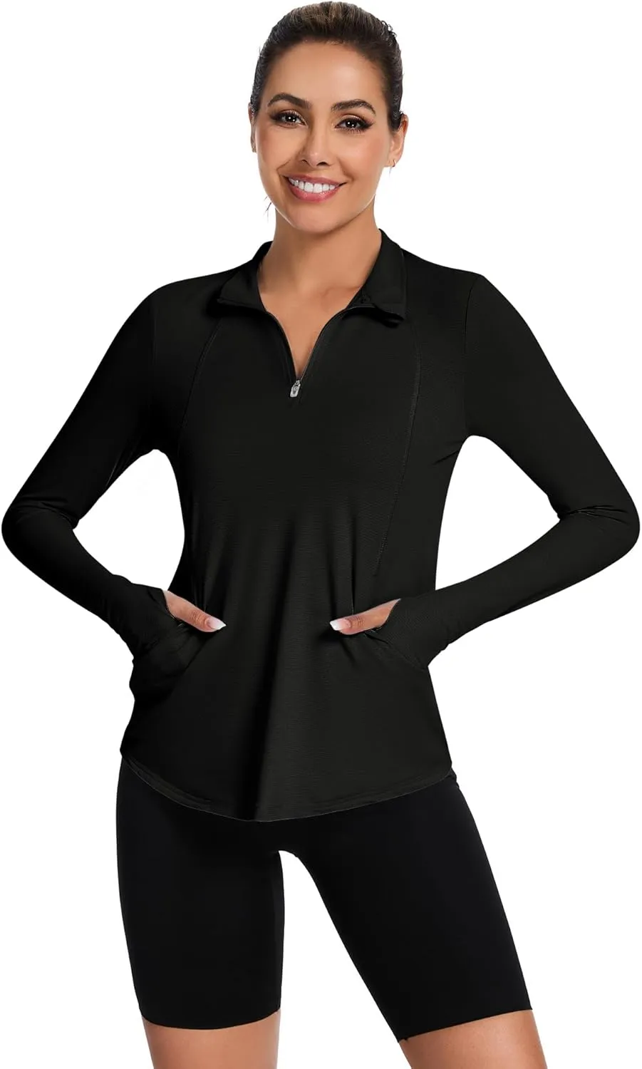 Loovoo Long Sleeve UPF50  Workout Tops Sun Protection 1/4 Zip Summer Quick Dry Hiking Shirts Lightweight Pullover Women