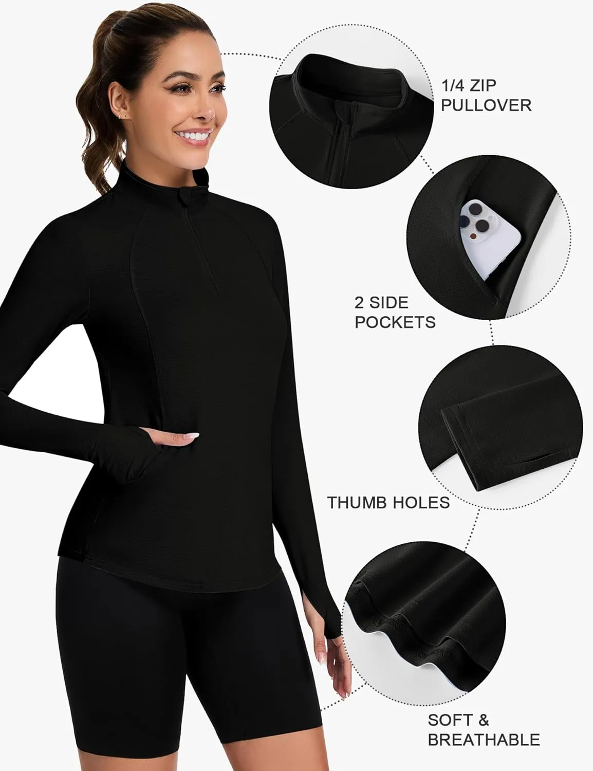 Loovoo Long Sleeve UPF50  Workout Tops Sun Protection 1/4 Zip Summer Quick Dry Hiking Shirts Lightweight Pullover Women