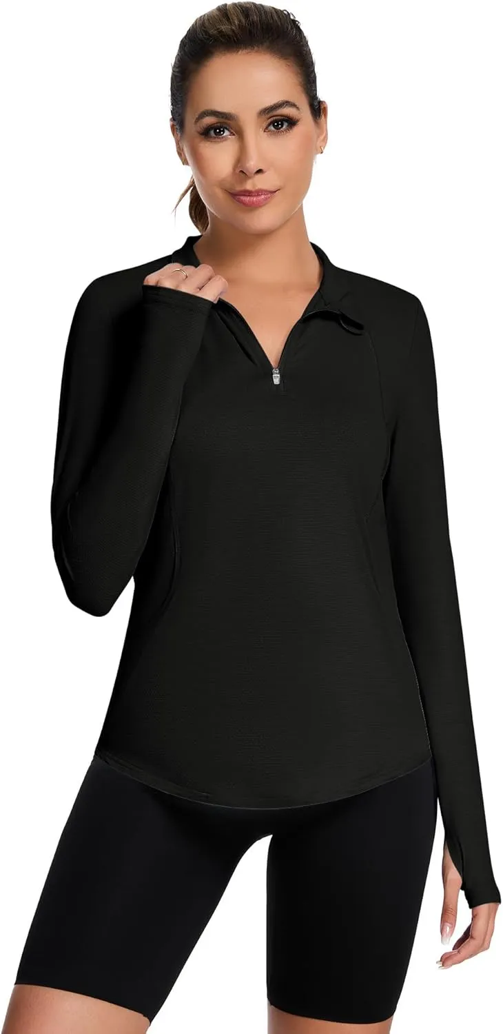 Loovoo Long Sleeve UPF50  Workout Tops Sun Protection 1/4 Zip Summer Quick Dry Hiking Shirts Lightweight Pullover Women