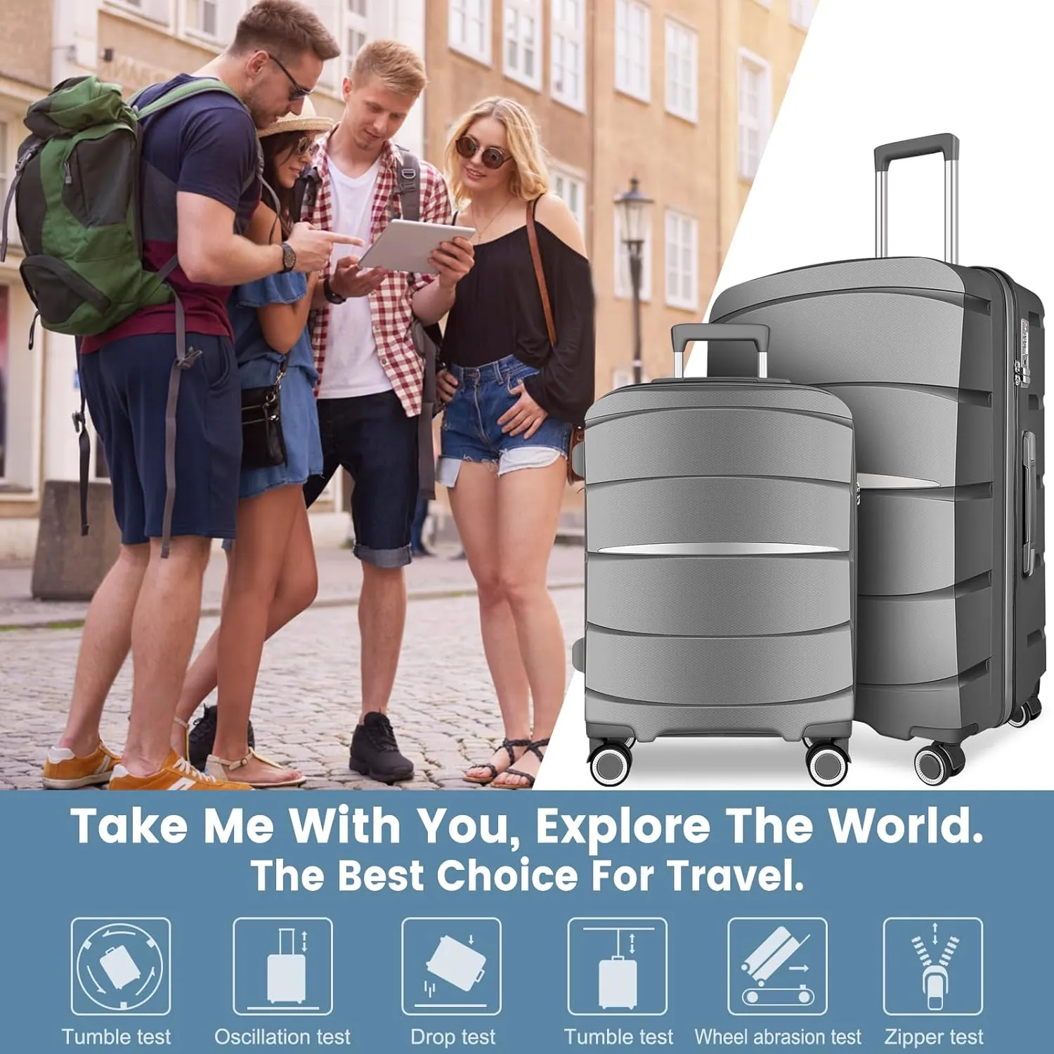 Luggage Sets with Spinner Wheels (20/24/28 Inch), PP ABS Suitcase Sets
